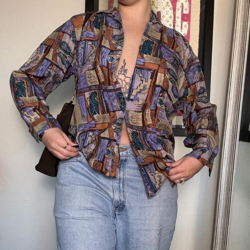 Vintage Abstract Silk Button-Up